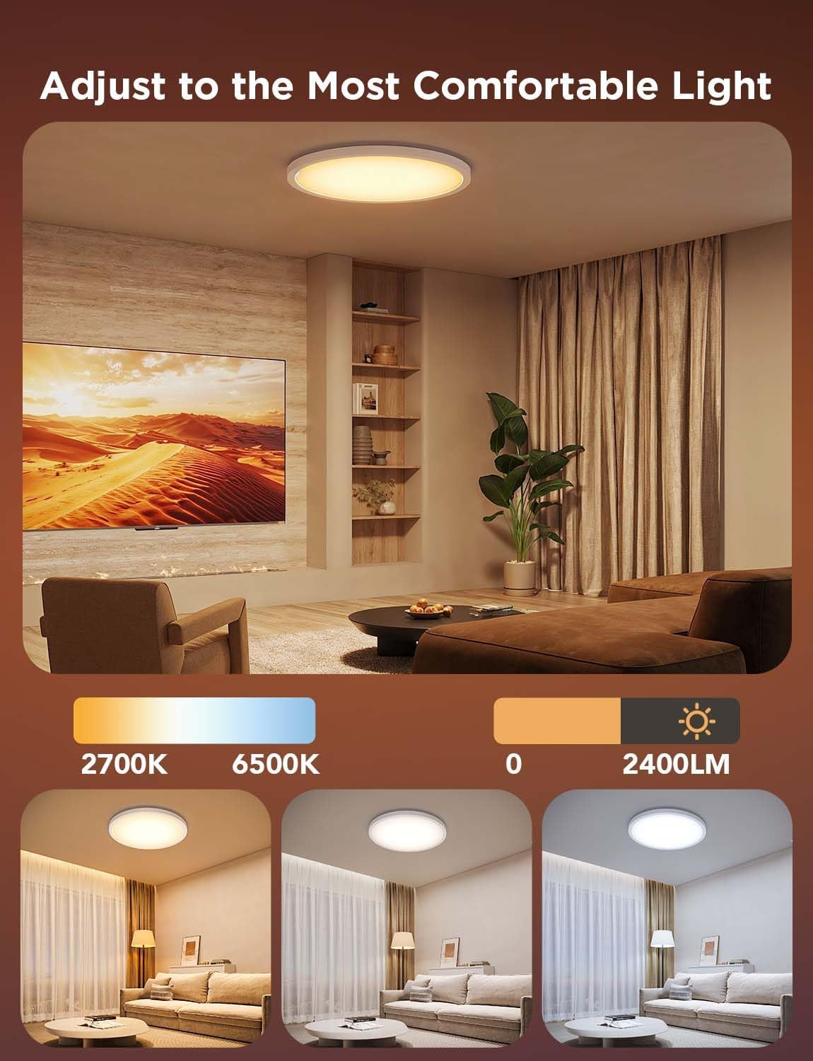 Smart Ceiling Light, RGBIC LED Ceiling Light Fixture, 2400LM Flush